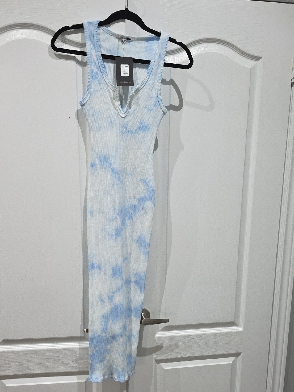 Fashion Nova Light Blue & White Ribbed Tank Midi Dress